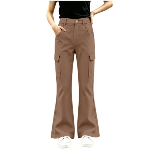 Girls Cargo Pants School Uniform Flare Pants High Waisted Trousers Khaki
