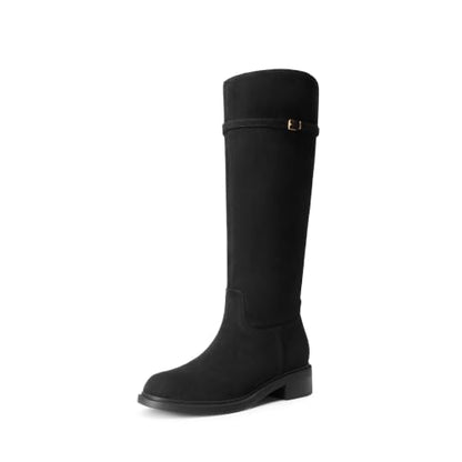 DREAM PAIRS Knee-High Buckle Strap Riding Boots,Black-Suede,7 | Round Toe Straight Shaft Knee-high Easy Pull-on Adjustable Metal Buckle 5mm Foam Insole Faux Suede & PU Leather Tall Boot
