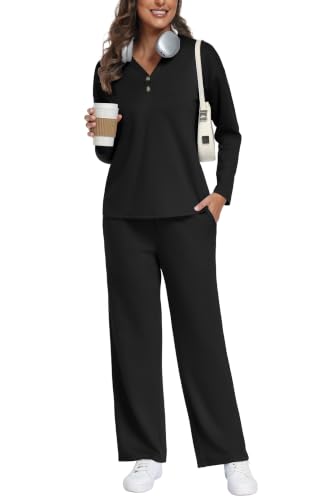 PrinStory Women's 2 Piece Lounge Set Straight Leg Pants Travel Airport