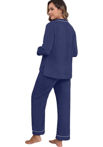 🌈 MANY COLOR CHOICES - VINTATRE Women's Flannel Pajamas Set 2 Piece Fall Winter Pajama Soft Long Sleeve Sleepwear with Pockets Navy Blue-M