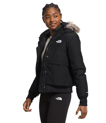 THE NORTH FACE Women's Arctic Bomber, TNF Black-NPF, Medium | Down Insulated Jacket, Waterproof Shell, Adjustable Hood with Faux-Fur Lined Trim