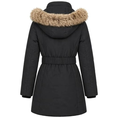 Long Puffer Jacket Women Detachable Hood Puffer Coat with Adjustable Waist