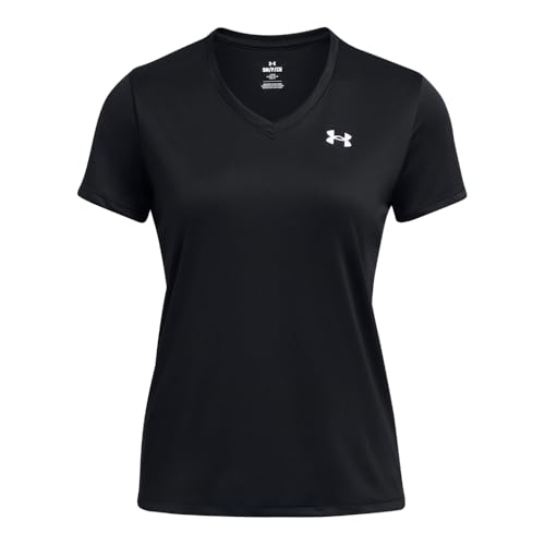 Under Armour Women's Velocity Solid Short Sleeve V Neck T Shirt, (001) Black / / Metallic Silver, Large