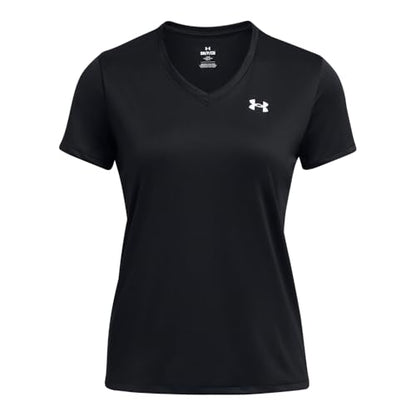 Under Armour Women's Velocity Solid Short Sleeve V Neck T Shirt, (001) Black / / Metallic Silver, Large