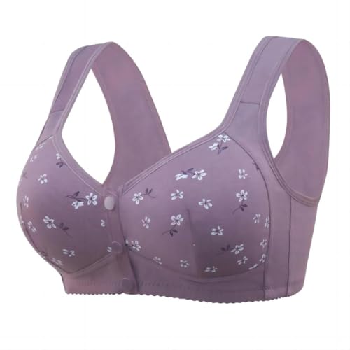 IWOLLENCE Daisy Bras for Older Women No Underwire Front Closure Comfort Senior Wireless Snap Closing Bra Purple 36B