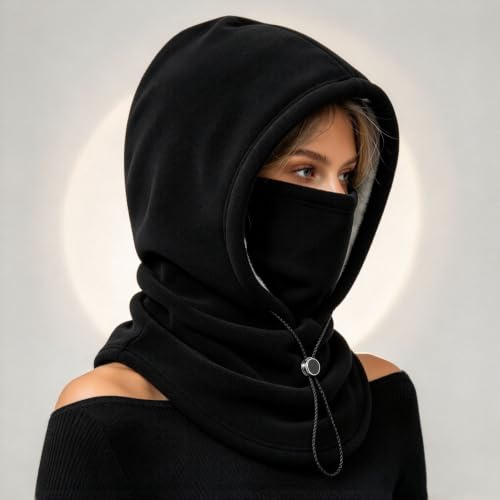 One-Piece Polar Fleece Warm Mask Hat, 3 In 1 Thermal Winter Cap | Sherpa Double Layer Integrated Hat Windproof Cycling Motorcycle Balaclava With Adjustable Drawstring Warm Face Covering