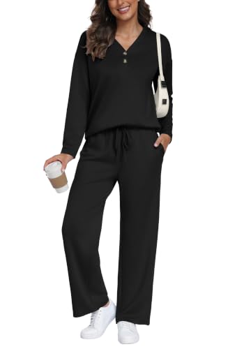 PrinStory Women's 2 Piece Lounge Set Straight Leg Pants Travel Airport