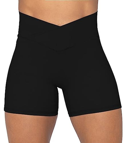 Sunzel Sunzfly Crossover Biker Shorts for Women, V Criss Cross High Waist Yoga Workout Gym Shorts with Tummy Control 4" Black Small
