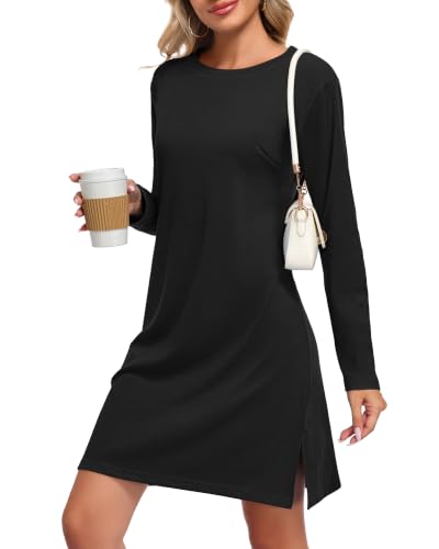 WNEEDU Dresses for Women 2026 Casual Long Sleeve Shirt Fall Outfit,Black,L