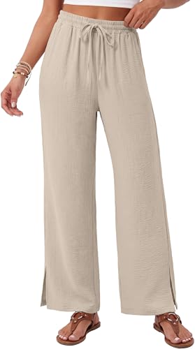 SAMPEEL Women's Wide Leg Pants Elastic Waist Casual Flowy Palazzo Lounge Trousers Outfits Western Capsule Wardrobe for Women Oatmeal S