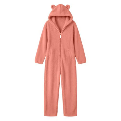 Womens Onesie Fleece Zip Up Cuffs Hooded Loose Cute Bear Pajamas | Long Sleeve Soft Fuzzy Jumpsuit,Casual Lounge One Piece Sherpa Sleepwear,Adult Onesie Party Funny Pjs,Fall Winter Loungewear