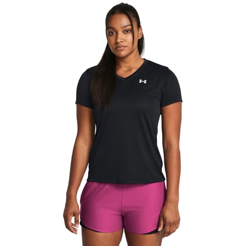 Under Armour Women's Velocity Solid Short Sleeve V Neck T Shirt, (001) Black / / Metallic Silver, Large