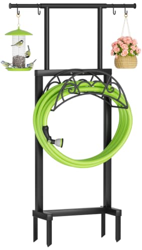 NEYCIL Garden Hose Holder with Telescopic Pole, Freestanding Garden Hose Stand Stake with 4 Spikes, Heavy Duty Sturdy Metal Hose Storage Rack and Hanger for Outside Yard Lawn Farm, Black