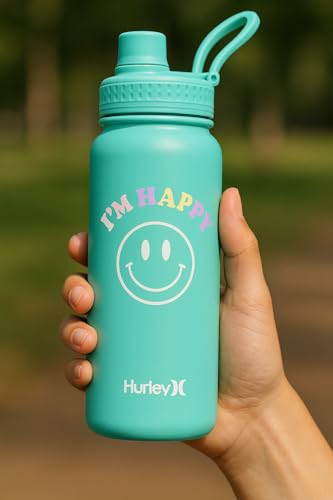 Hurley 32 Oz Reusable Water Bottle with Chug Cap Stainless Steel Sports Bottle "I'M HAPPY" Design with Handle on Lid, Mint