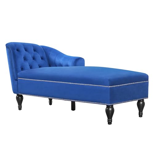 Merax 58'' Velvet Chaise Lounge, Button Tufted Right Arm Facing Lounge Chair with Nailhead Trim & Solid Wood Legs, Sleeper Lounge Sofa for Living Room, Bedroom, Office (Blue)