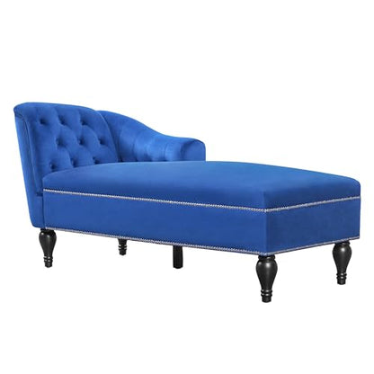 Merax 58'' Velvet Chaise Lounge, Button Tufted Right Arm Facing Lounge Chair with Nailhead Trim & Solid Wood Legs, Sleeper Lounge Sofa for Living Room, Bedroom, Office (Blue)