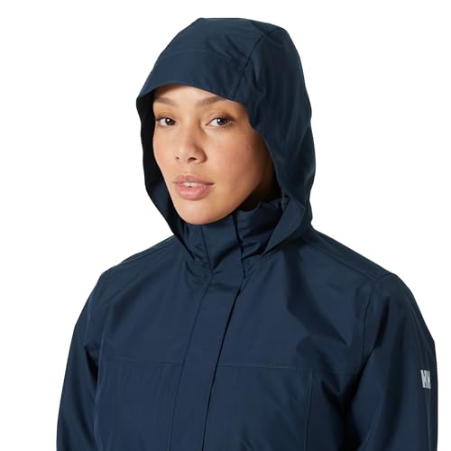 Helly Hansen Women's Aden Waterproof Windproof Breathable Long Length Packable Hood Rain Coat Jacket, 597 Navy, Large