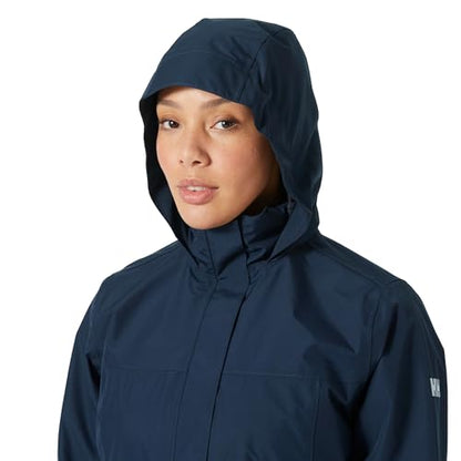 Helly Hansen Women's Aden Waterproof Windproof Breathable Long Length Packable Hood Rain Coat Jacket, 597 Navy, Large
