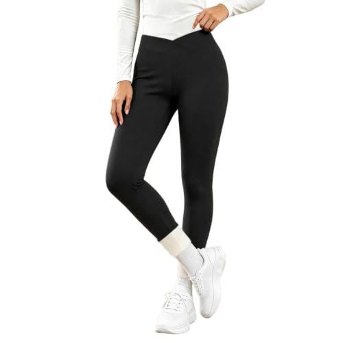 Womens Winter Leggings Crossover Warm Fleece Lined Thermal Leggings Black