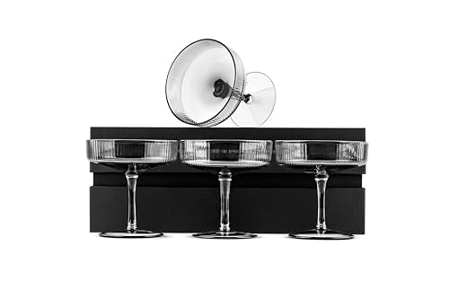 Vintage Art Deco Smoke Black Coupe Glasses | Set of 4 | 7 oz Ribbed Cocktail Glassware for Drinking Champagne, Martini, Cosmopolitan, Manhattan | Crystal Speakeasy Style Saucers