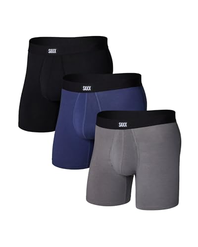 SAXX Underwear Co. Men's Core Cotton Boxer Brief Fly 3-Pack, Black/Shade/Dark Denim, Medium