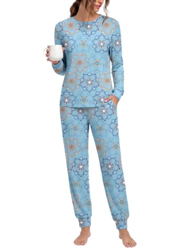 PrinStory Womens Pajama Sets Soft Long Sleeve Sleepwear Lounge L