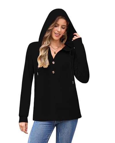 WNEEDU Womens Long Sleeve Tops Waffle Knit Hoodies Sweatshirt Black