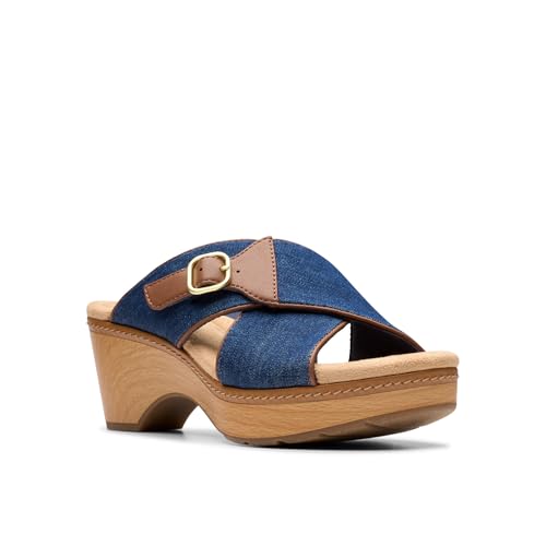 Clarks Collection Women's Seannah Nora Wedge Sandal, Dark Denim Textile, 8 Medium US