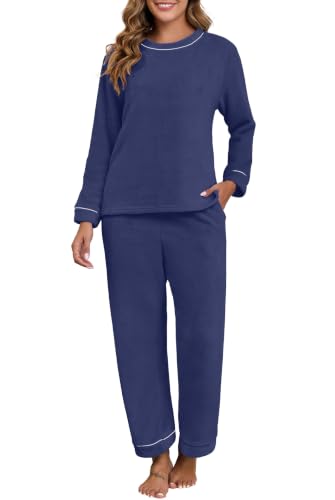 🌈 MANY COLOR CHOICES - VINTATRE Women's Flannel Pajamas Set 2 Piece Fall Winter Pajama Soft Long Sleeve Sleepwear with Pockets Navy Blue-M