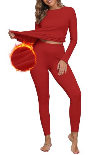 GRECERELLE Thermal Underwear for Women Base Layer Pajama Set, Red-M