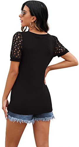 IWOLLENCE Waffle Knit Lace Short Sleeves Blouses V Neck T Shirt Summer Casual Tops for Women Black Medium