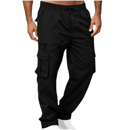 Mens Drawstring Elastic Waist Cargo Pants Straight Leg Casual Pants