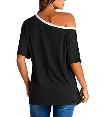 BONITEE Women Off The Shoulder Tops Loose Oversized Tshirt Casual Summer Batwing Short Sleeve Shirt Boat Neck Blouse Black M