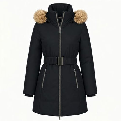 Long Puffer Jacket Women Detachable Hood Puffer Coat with Adjustable Waist
