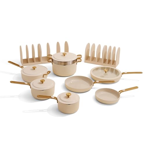 Our Place 17-Piece Essentials Complete Cookware Set - Ceramic Fry Pans, Saucepans, Sauté Pan, Stock Pot, Strainer Basket & Modular Storage | Thermakind™ Nonstick, Oven Safe up to 230°C | Cream
