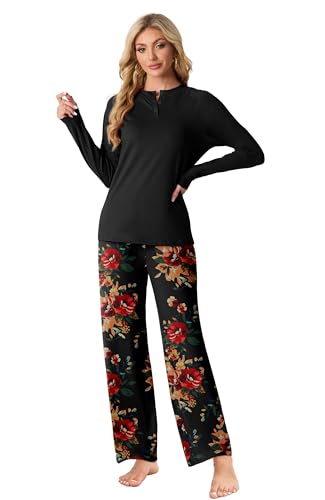 VINTATRE Womens Pajama Sets 2 Piece Lounge Set Knit Pj Brown Black
