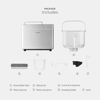 CUCKOO CBM-AAB101S | Multi-Functional Bread Maker | 1 lb., 1.5 lb., & 2 lb. Loaf Options, Crust Color Customization, Auto Fruit & Nut Dispenser, Gluten-Free Option | Stainless Steel