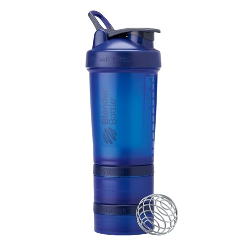 BlenderBottle Shaker Bottle with Pill Organizer and Storage for Protein Powder, Classic V2 ProStak System, 22-Ounce, Blue