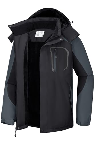 CAMELSPORTS Mens Winter Jacket Waterproof Warm Snow Ski Jackets Faux Fur Fleece Rain Coats with Removable Hood, B-black, Large