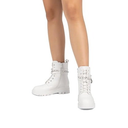 DREAM PAIRS Women's Combat Goth Ankle Boots Booties,White,8
