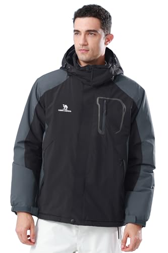 CAMELSPORTS Mens Winter Jacket Waterproof Warm Snow Ski Jackets Faux Fur Fleece Rain Coats with Removable Hood, B-black, Large