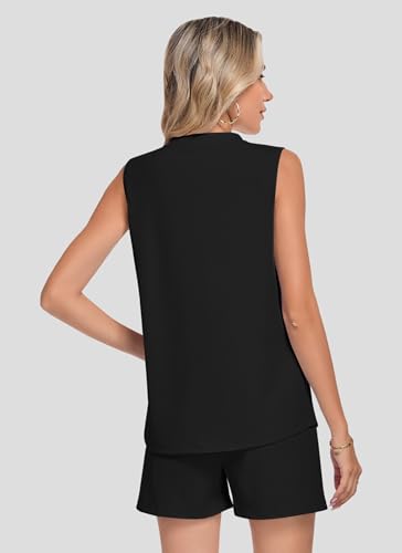 WNEEDU Women's Summer 2 Piece Sets V Neck Sleeveless Top Short With Pockets