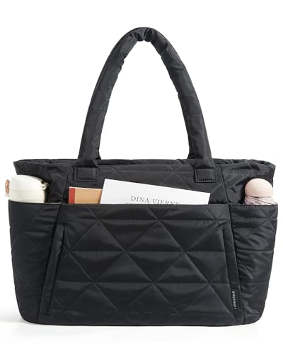 BAGSMART Puffer Tote Bag for Women, Quilted Work Bag with Zipper, Shoulder Bag for Travel Gym Commute with Compartments, Black