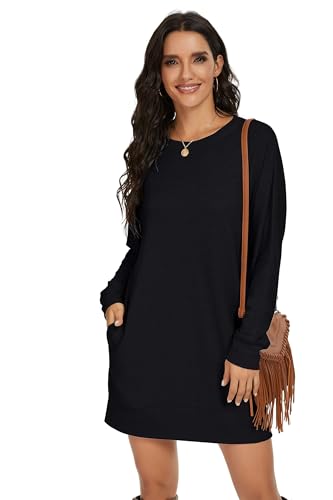PrinStory Womens Long Sleeves Dresses Casual Loose Round-Neck Tuinc Tops Basic Dress with Side Pockets