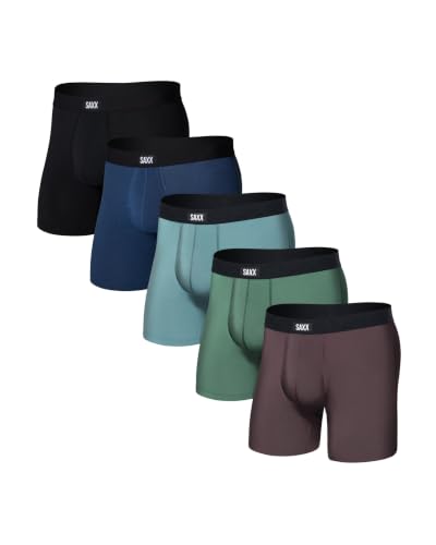 SAXX Underwear Co. Men's Core Cotton Boxer Brief Fly 5-Pack, Black/Dark Denim/Huckleberry/Spruce/Sea Foam, X-Large
