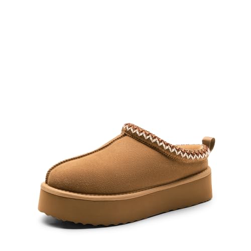 DREAM PAIRS Women's Platform Slippers Genuine Suede,Chestnut,7.5