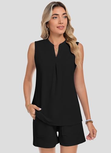 WNEEDU Women's Summer 2 Piece Sets V Neck Sleeveless Top Short With Pockets