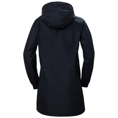 Helly Hansen Women's Aden Waterproof Windproof Breathable Long Length Packable Hood Rain Coat Jacket, 597 Navy, Large