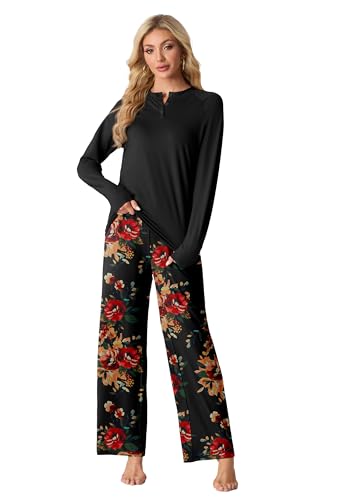 VINTATRE Womens Pajama Sets 2 Piece Lounge Set Knit Pj Brown Black
