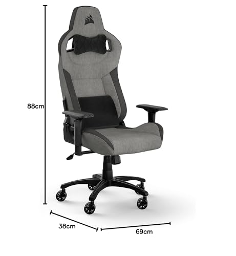 Corsair T3 Rush Fabric Gaming Chair (2023) – Racing-Inspired Design – Soft Fabric Exterior – Padded Neck Cushion – Memory Foam Lumbar Support – Adjustable Seat Height – Gray & Charcoal